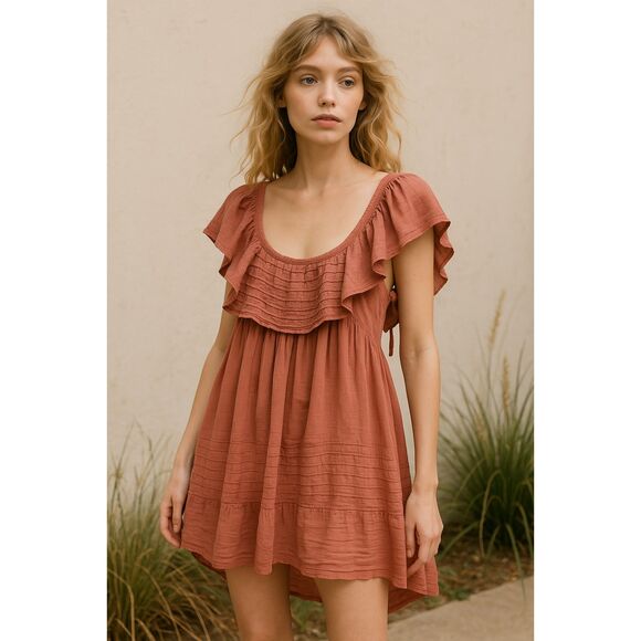Free People Dresses & Skirts - Free People Pink Boho Babydoll Sheek Mini Ruffle Dress Women's Size Medium